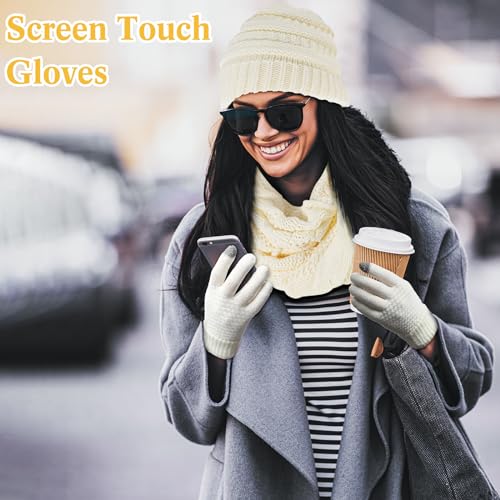 Neer 12 Pcs Women Hats Gloves Scarf Set Winter Knit Cable Satin Lined Hat Soft Warm Scarf Touchscreen Gloves for Women4