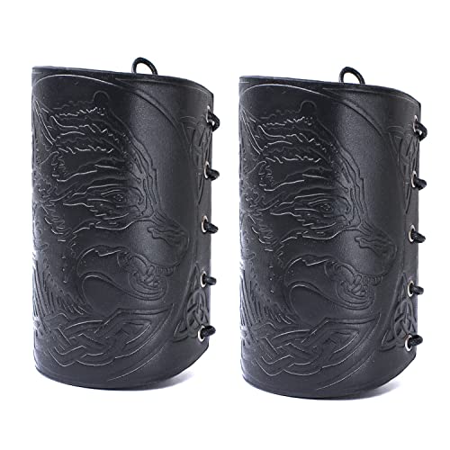 Yesbon Brassard de Bras Durable en Cuir PU Bracelet brassards médiévaux pour Hommes Femmes Large Manchette Bracelet Brassard Bras Armure réglable,Noir Cover