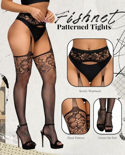 Image of Sesiwadbe Womens Fishnet Patterned Tights High Waist Suspenders Pantyhose Thigh High Stockings