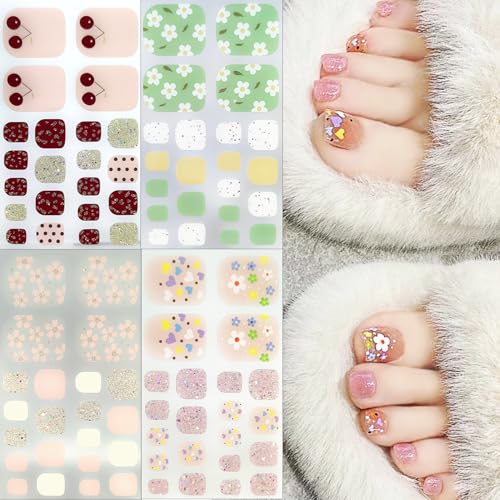 4 Sheets Spring Floral Gel Toe Nail Stickers Full Nail Wraps Summer Cherry Toenail Polish Strips for Women Self-Adhesive Toe Stickers Polish Gel Toenails Stickers with 1pcs Nail File