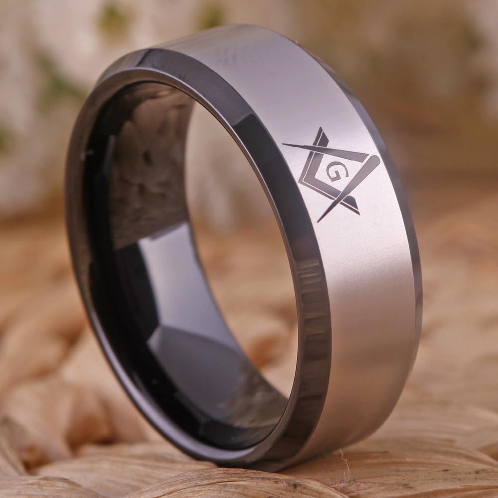 CLASSIC 8mm Black Men's Tungsten Carbide Ring Masonic Compass Square Free Mason -Free Customize Engraving
