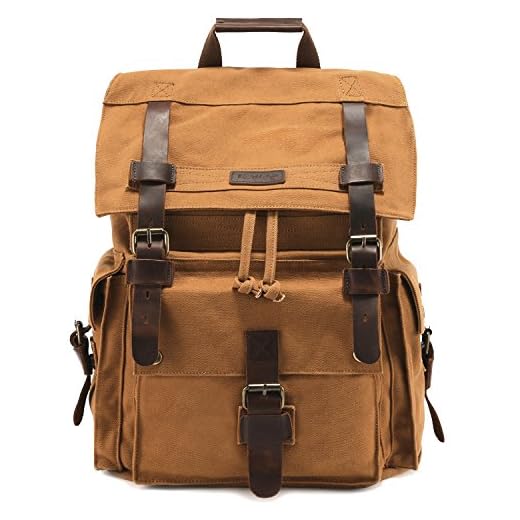 Kattee Men’s Leather Canvas Backpack Large School Bag Travel Rucksack Khaki