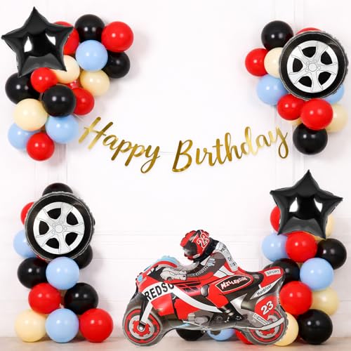 Image of Bike Theme Birthday Decoration Kit with Gold Happy Birthday Banner - Racing Bike Theme Party Decoration for Kids Boys Birthday - Pack of 43 Pcs