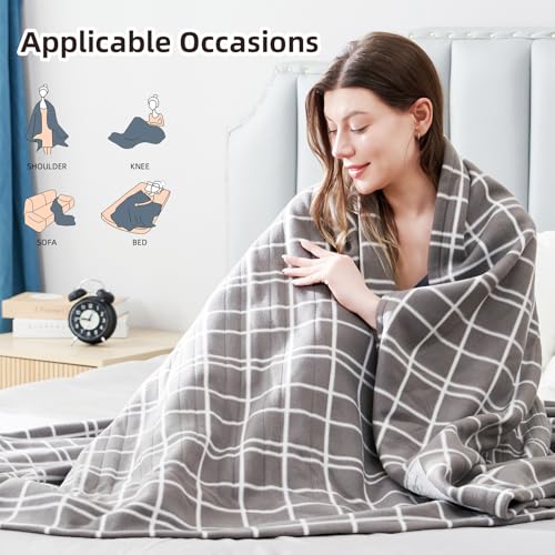 Electric Heated Blanket Queen Size 84"x90", Soft Fleece with 10 Hours Auto-Off & 4 Heating Levels, Dual Control and Machine Washable, LightGray Plaid