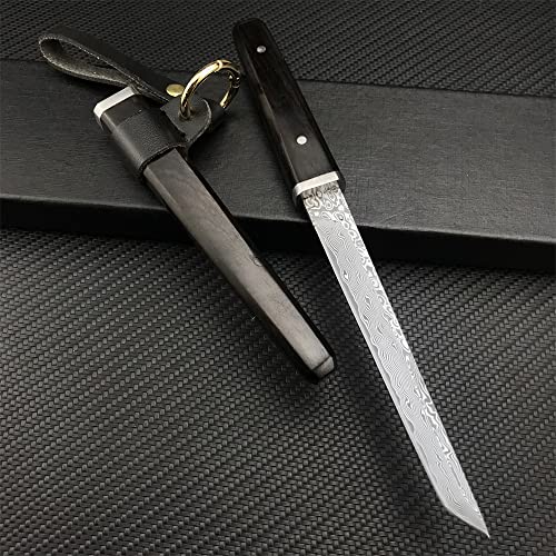 HUAAO Mini Katana Knife, Damascus Steel Tanto Fixed Blade Knife, Ebony Handle Japanese Sword Letter Opener for Display Collection Gift(Style B)