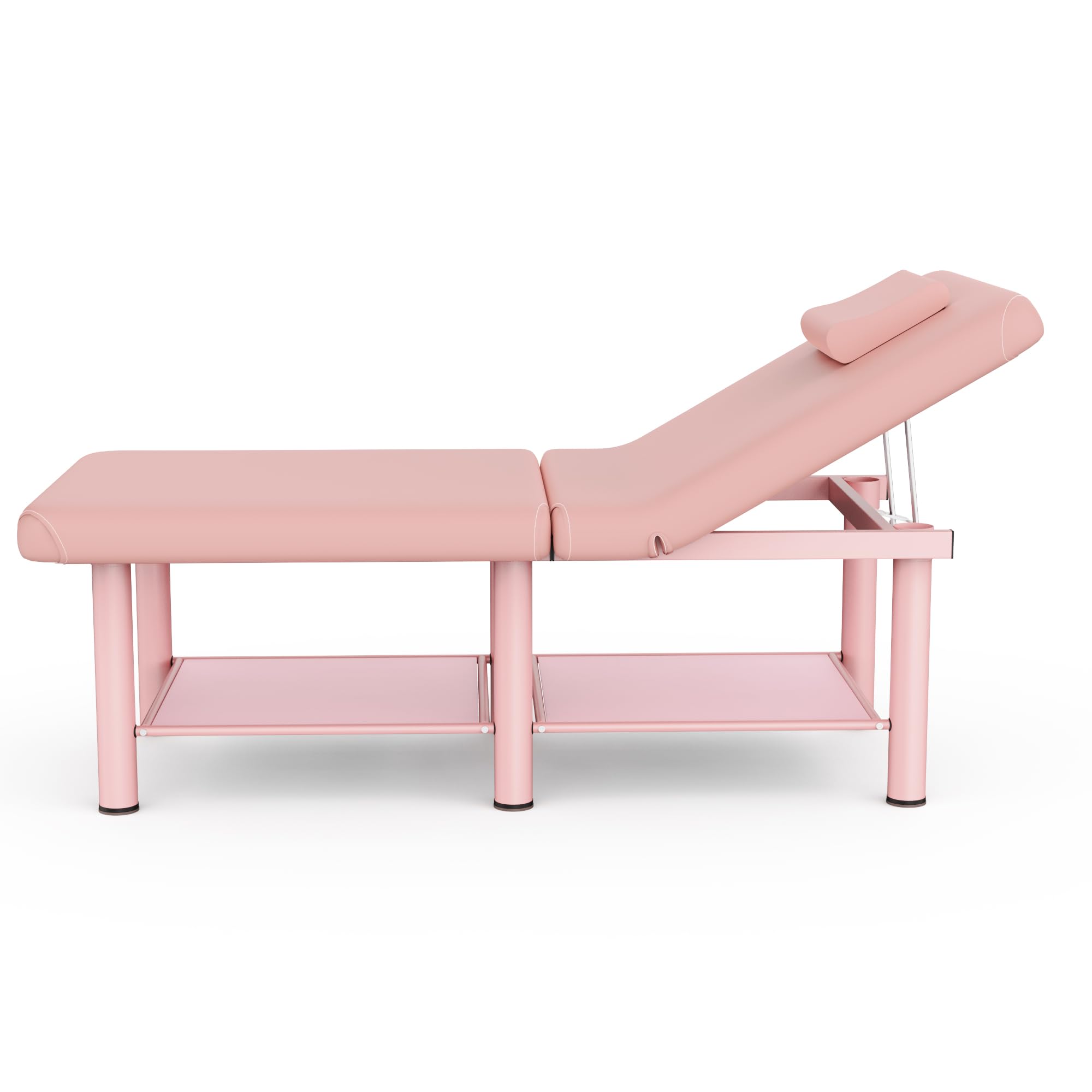 Dolonm 30.5in Wide × 75in Long Stationary Massage Table with Backrest and Storage Space, Metal Frame PU Leather for Treatment Table Physical Therapy Table Spa Facial Bed, Pink - 6 Round Legs