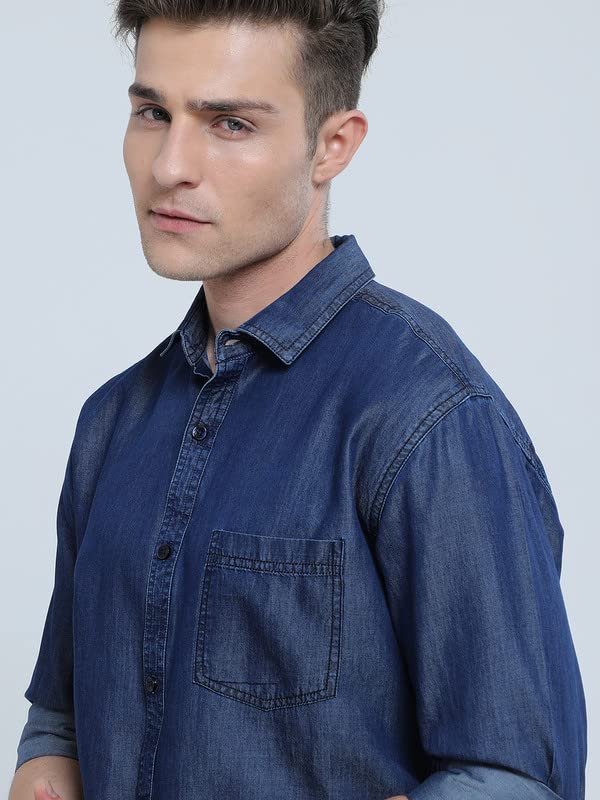 Image of Codaisy Men's Blue Single Pocket Casual Full Sleeves Regular Fit Solid Denim Shirts Available in Plus Size
