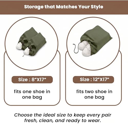 Image of LFH Cotton Shoe Storage Bags with Drawstring, Breathable Dustproof Reusable Shoe Organizer for Travel, Gym, Dorm, Hotel, Machine Washable Easy Carry 12 inchx17 inch (Pack of 6), Military Green