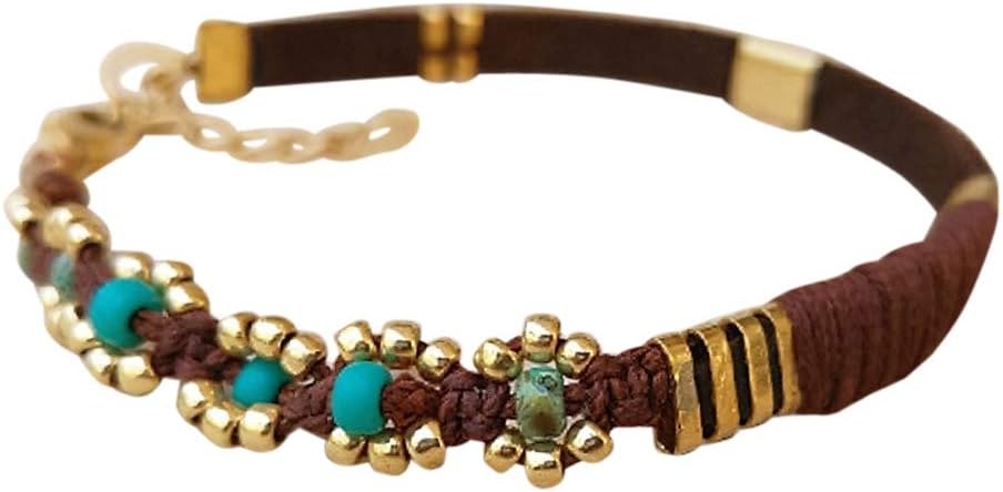 Boho Leather Anklet for Women, Ankle Bracelet With Golden Flowers And Beads