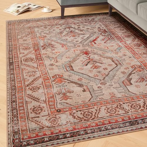 Image of Machine Washable Vintage Terracotta Cotton Runner Rugs Geometric Patterned Stain Resistant Liquid Repellent Living Area Hallway Rug 60cm x 240cm (1ft 12" x 7ft 10")