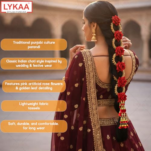 Image of Artificial Rose Floral Hair Parandi with Tassels | Bridal Braided Choti Hair Accessory for Wedding, Mehndi & Festive occasion-1 Pc Magenta & Golden
