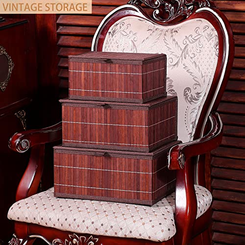 Honygebia Brown Bamboo Decorative Storage Boxes - Rectangle Lined Basket With Lids Organizer For Shelf (Set Of 3) #TOP7