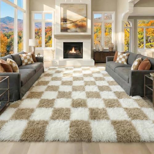 Image of KICMOR Area Rugs 8x10 for Living Room, Large Fluffy Beige and Cream White Checkered Rug Big Fuzzy Shag Shaggy Carpets for Bedroom, Soft Plush Furry Rug for Boy Girls Room Dorm Home Decor Aesthetic