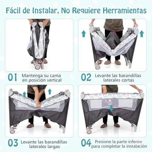 Miniatura 7 de Relax4life 5 En 1 Cuna Infantil Bebe Con 2 Ruedas Bloqueables, Cambiador, Correa Fijación, Caja De Música Y 3 Juguetes Colgantes, Cuna Con Colchón Y Bolsa De Transporte Para Bebés 0-36 Meses Gris