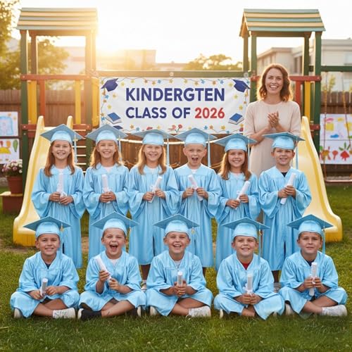 Image of Shiny Preschool Kindergarten Graduation Cap Gown Set for Kids With 2026 2025 Tassel Charm