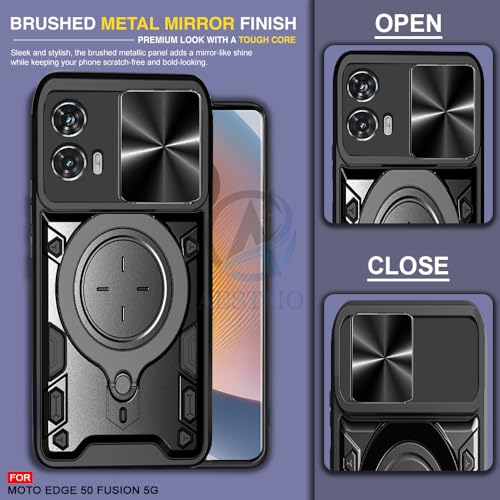 Image of AESTMO Armor Motorola Moto Edge 50 Fusion 5G Bumper Back Case Cover | Ring Holder & CD Pattern Sliding Camera Shutter Cover | Back Case Cover for Motorola Moto Edge 50 Fusion 5G (Black)