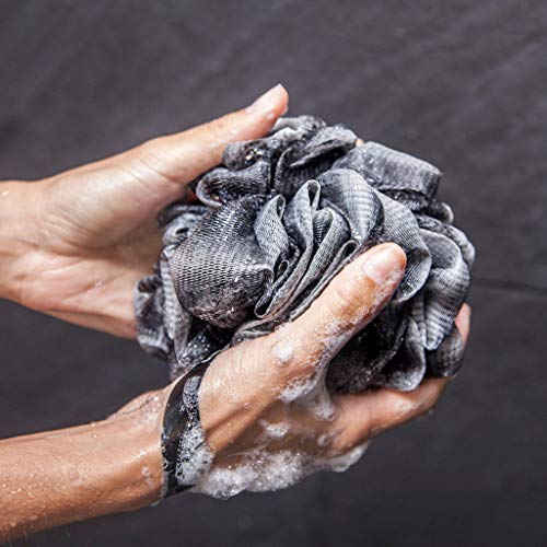 Toem Loofah Back Scrubber For Shower | Bamboo Charcoal Fiber Infused | Bath Sponge | Lufas For Men & Women | Includes 1 Long Handled Shower Sponge, 1 Bath & Shower Luffa Pouf & 1 Hook To Hang Stuff #TOP5
