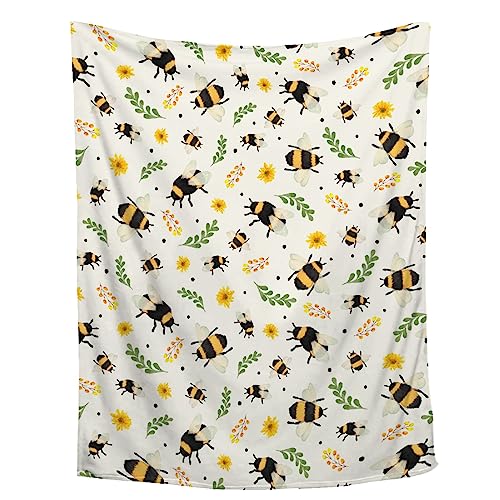Sunflower Floral Bee Blanket - Plush Flannel Throw for Couch, Bed, Sofa - 40"x50" Flower Decor for Girls Boys - Gift for Bee Lovers - All Seasons
