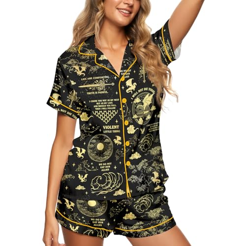 Image of Women 2PCs Satin Pajama Set Short Sleeve Silk Feel Gift Sleepwear | Soft stretch satin; relaxed comfort fit sizes S-3XL for sleep & lounge; short sleeve top, elastic waist shorts; easy care