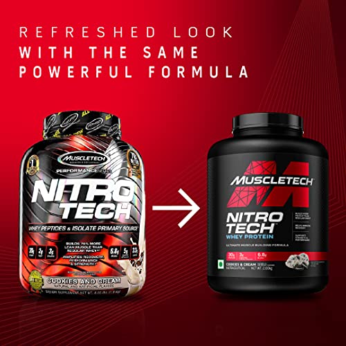 Image of MuscleTech Nitrotech Whey Protein Powder Ultimate Muscle Building Formula for Muscle Support & Recovery Vegetarian Cookies & Cream - 2Kg