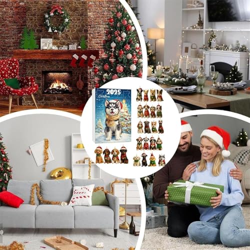 Arroopu Adventskalender mit Hunde-Motiv - 2D Flach Wiederverwendbar Saisonal,24-Tägiger Adventskalender Mit Anhängern In Hundemotiv,Für Familien Freunde Erwachsene Haustierliebhaber Bäume Fenster Und