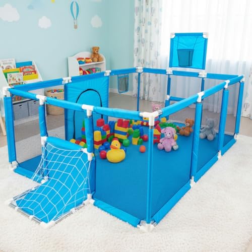 SELECTSHOP Corral De Multi-Juegos Para Bebes Niños Corralito Para Bebé Juego De Parque Infantil Parque Para Bebés Malla Suave y Transpirable Anticaída Con Aro Para Basketball Y Porterias (Azul)