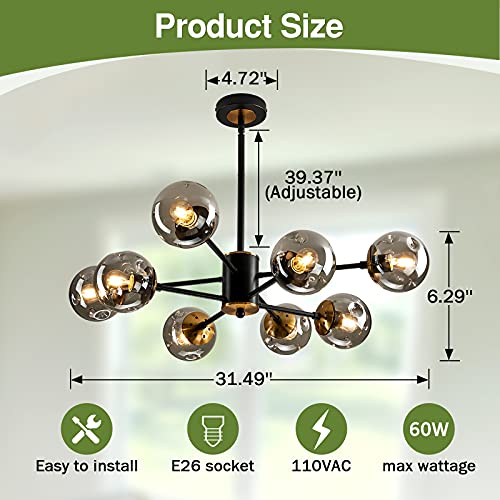 Image of 8 Light Chandelier Pendant Lighting Black with Glass Globes Classic Vintage Sputnik Ceiling Light Fixture for Kitchen Living Room Dining Room Bedroom Farmhouse..