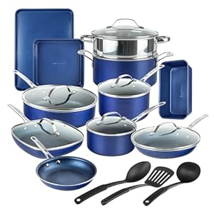 GRANITESTONE Blue 20 Pc Kitchen Pots and Pans Set Non Stick, Kitchen Cookware Sets, Granite Nonstick Cookware Set, Diamond Coated Non Stick Pots and Pan Set, Non Toxic Cookware Set, Dishwasher Safe