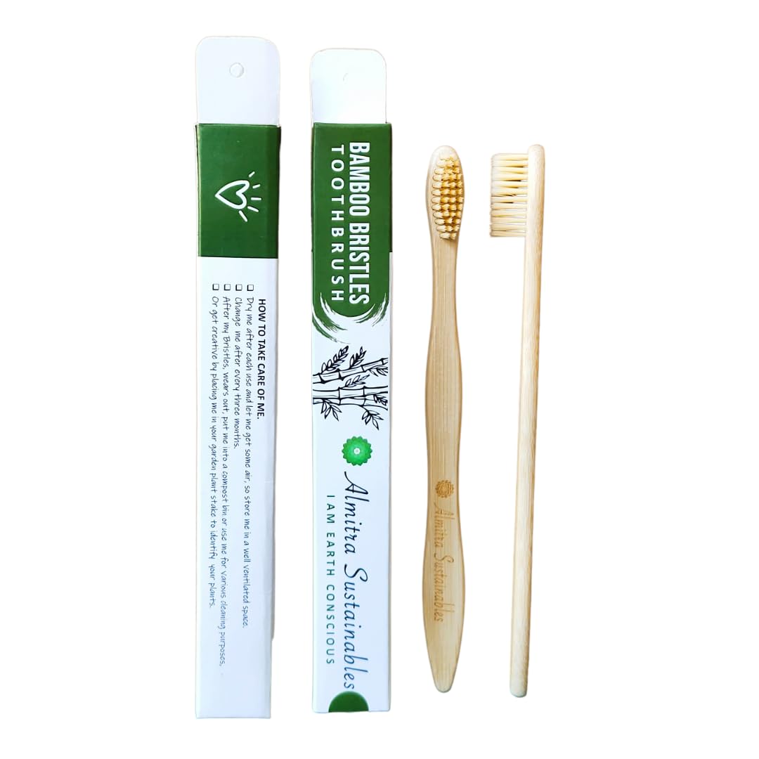 Almitra Sustainables Natural Oral Care Set. Pack Of 2 Bamboo Toothbrush with charcoal infused bristles + Pack of 2 Copper Tongue Cleaner. Healthy Oral Hygiene - Image 2 thumbnail