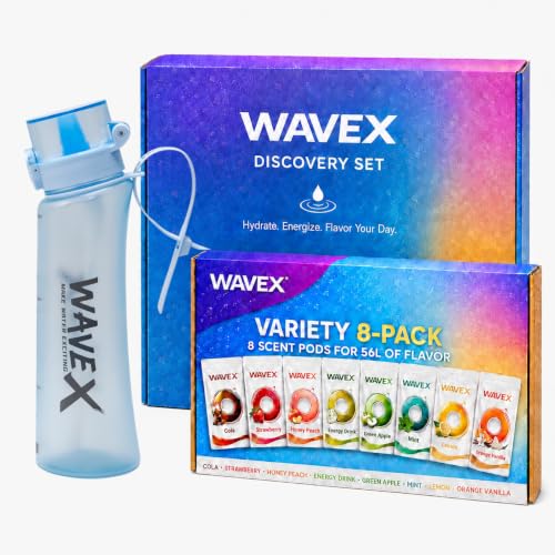 Image of Wavex Scented Water Bottle + 8 Aroma Scent Pods (Cola, Strawberry, Honey Peach, Energy Drink, Green Apple, Mint, Lemon, Orange Vanilla), Flip Top Lid, Straw & Carry Strap Included (Glacier Blue)