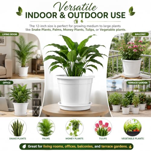 Image of 12 Inch Glossy White Plastic Planter with Bottom Plate | Heavy Duty Flower Pot with Tray for Indoor Home Decor, Balcony, Living Room & Outdoor Garden (10 Pot, White)