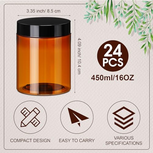 Tanlade 24 Pcs 16 oz Amber Plastic Jars with Lids Round Cosmetic Containers Leak Proof Refillable Empty Containers for Creams Lotion Body Butter Oil Ointments Powders Beauty Products Travel Storage by Tanlade - Image 2