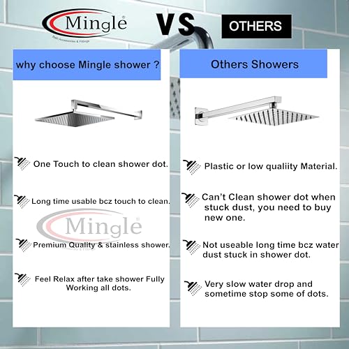 Image of Mingle Shower Head | Shower with Sqaure Arm | 304 Stainless Steel | Overhead Shower | Shower Head For Bathroom | Wall Mounted Overhead Shower | Rain Shower Head (6X6 + 12 INCH SQ ARM)