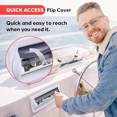 Image of Pyle Water Resistant Marine Stereo Cover - Smoke Colored Heavy Duty Boat Radio Protector Shield with Flip-up Door & Spring Loaded Release - Mounting Gasket Included - Pyle PLMRCW2,White