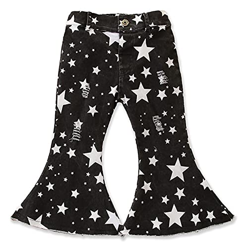Kids Girls Fashion Flare Jeans Elastic Waist Ripped Stars Pattern Print Denim Pants Bell Bottoms Casual Trousers