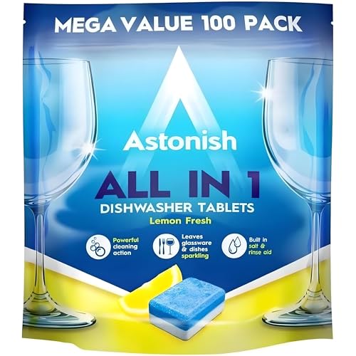 AMK® All In 1 Dishwasher Tablets 100 Tabs Fresh Lemon Zesty Scent Powerful Clean Sparkling Glassware and Dishes Included Salt Rinse Aid
