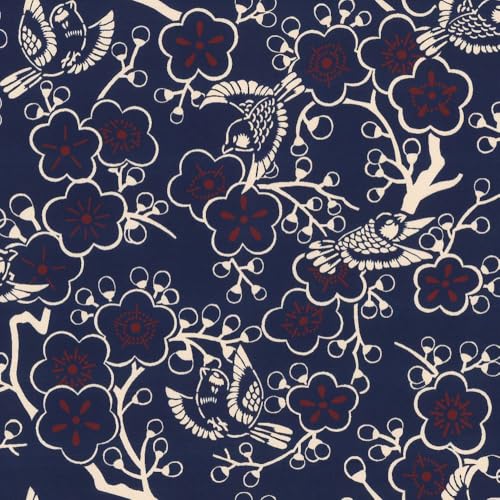 Tissu Coton imprimé Motif japonais sur fond Bleu marine - Par 50 cm