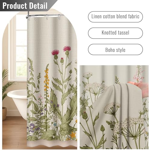 Emvency Boho Farmhouse Floral Herbs Flower Tassel Shower Curtain Set, Botanical Colorful Vintage Linen Fabric Cloth Shower Curtains for Bathroom Decor 72 x 72 Inches with Upgraded Metal Hooks by Emvency - Used condition - Image 2