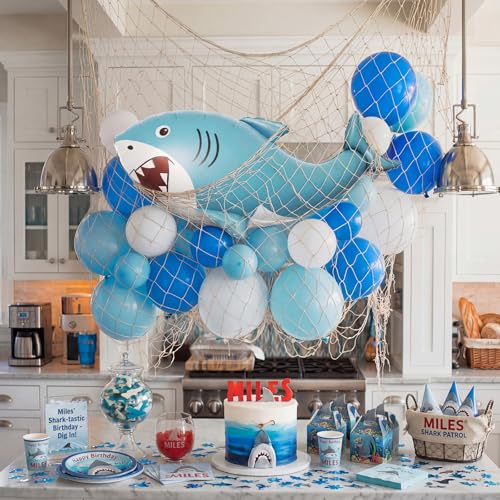 22 Pcs Shark Party Decorations Set 37 Inch Inflatable Blue Shark Balloons with Fish Net Under The Sea Ocean Nautical Themed Birthday Party Decorations for Adults Ocean Pool Birthday Baby Shower