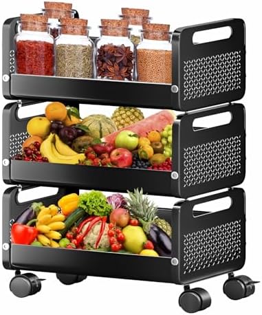 JD FRESH Rolling Metal Utility Cart/Stackable Storage Baskets with Lockable Wheels/Container Basket/Heavy Durable Organizer T