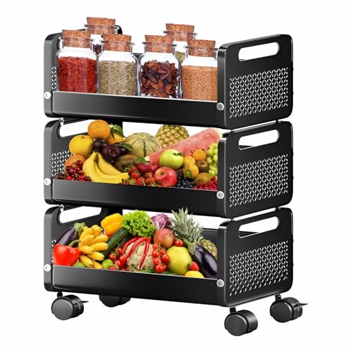 Image of JD FRESH Rolling Metal Utility Cart /Stackable Storage Baskets with Lockable Wheels /Container Basket /Heavy Durable Organizer Trolley for Kitchen /Bedroom /Office(3 Tier)