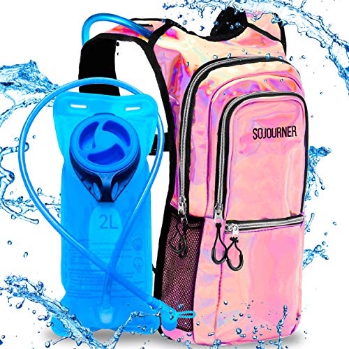 Sojourner Rave Hydration Pack Backpack - 2L Water Bladder Included for Festivals, Raves, Hiking, Biking, Climbing, Running and More (Medium) (Holographic - Pink)