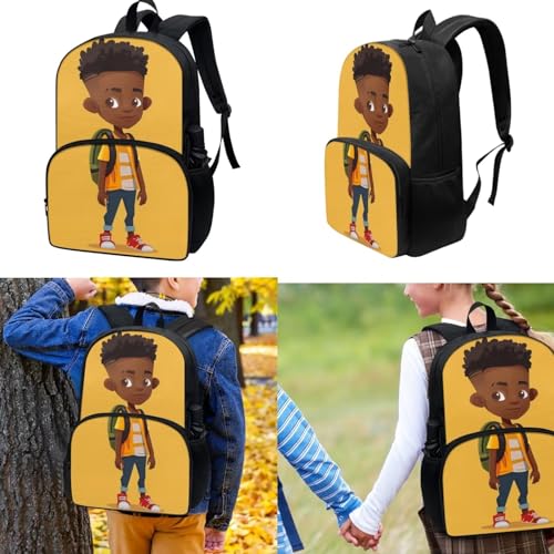 African American Boy Backpack with Lunch Box Pencil Case, 3pcs Kids Bookbags Elementary Middle School, Lightweight Durable Afro Black Boy Backpack Unique Back To School Gift2