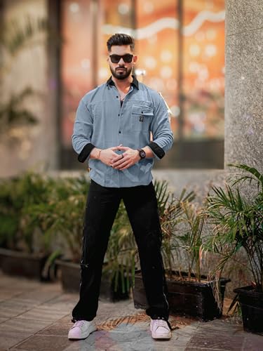 Image of Maniac Mens Solid Collared Neck Full Sleeve Biscuit and Black Cotton Shirt