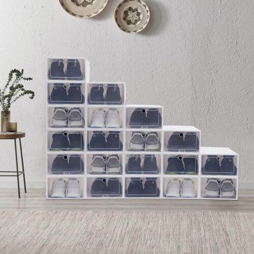 DDBESSIC Shoe Storage Box-20 Pack Large Clear Plastic Stackable Shoe Organizer for Closet, Odor Prevention Foldable Shoe Rack with Side Lid, White(Round Hole)