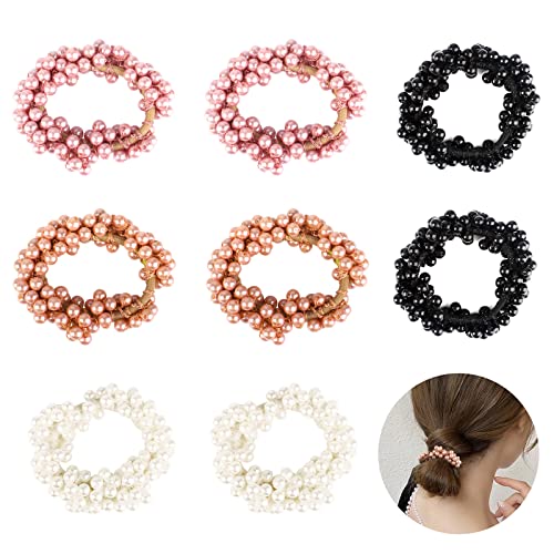 Gomas de Pelo con Perlas 8 Piezas Scrunchie Elásticos de Perla Brillante Gomas para el Pelo con Perlas, Coleteros Pelo Elástico de Perla para Mujeres y Niñas (Negro Morado Blanco Naranja）