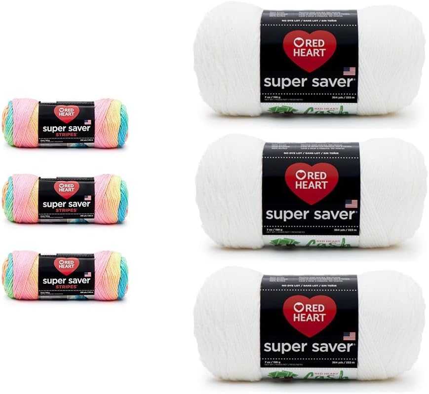 Red Heart Super Saver Yarn, 3 Pack, Retro Stripe 3 Count & Super Saver White Yarn - 3 Pack of 198g/7oz - Acrylic - 4 Medium (Worsted) - 364 Yards - Knitting/Crochet