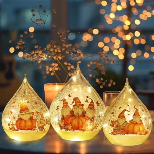 NEEDOMO Thanksgiving Table Decor, Set of 3 Teardrop Crackle Glass Ball with LED Lights Timer Pumpkin Gnomes for Fall Decor, Autumn Centerpieces Thanksgiving Decorations for Home Tabletop Mantel Indoor