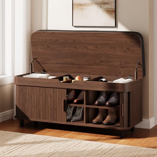 43.3″ Shoe Storage Bench with Lift Top Storage&Cushion, Walnut | Entryway Bench with Storage, Fluted Shoe Bench with Sliding Doors, Adjustable Shelf, for Entryway, Hallway, Living Room