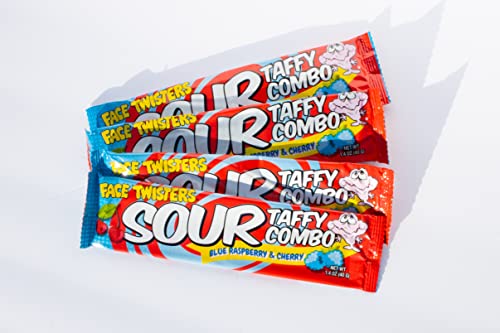 Face Twisters Sour Taffy Combo Blue Raspberry and Cherry | 4 Pack Large Sour Taffy Bars